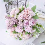 Artificial Flower Bouquet Hydrangea Roses Lavender With Leaves Silk Materials Fake Flowers For Parties Wedding Tables Home Decors